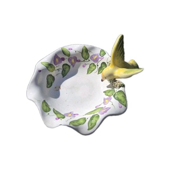 Handmade Artisan Ceramic Pottery Bird Feeder Bath Planter Yellow Koi Birds - Picture 1 of 5
